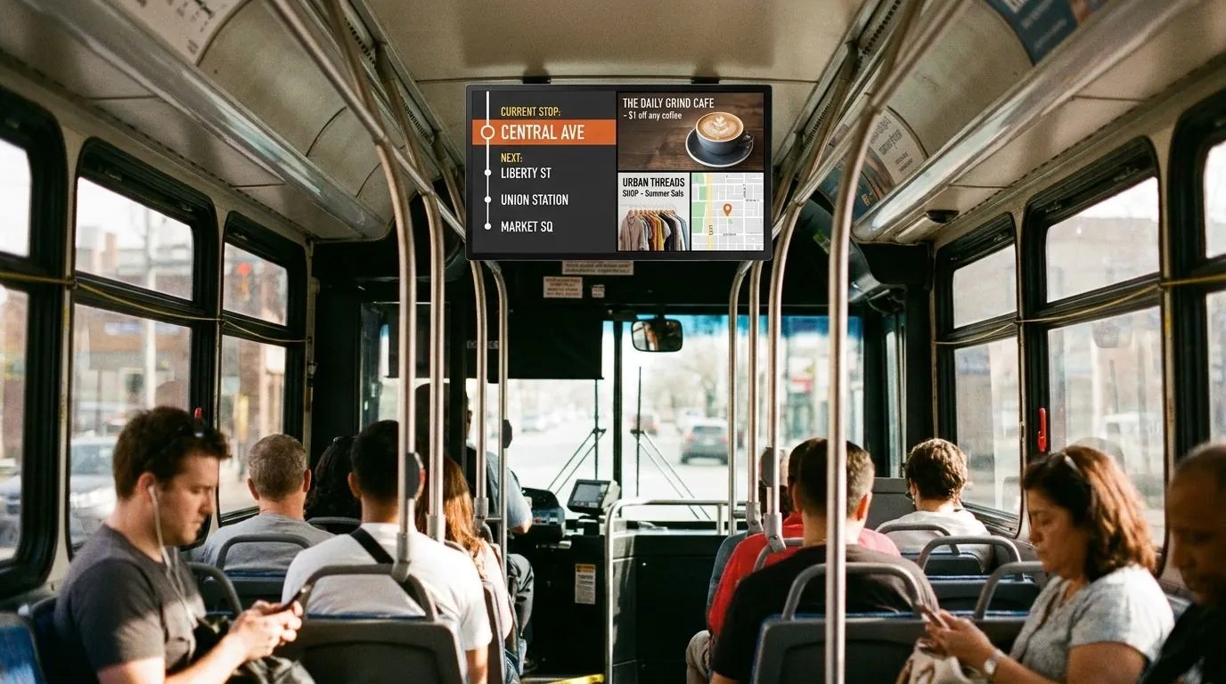 City bus screen showing content for the neighbourhood on the current stretch of the route