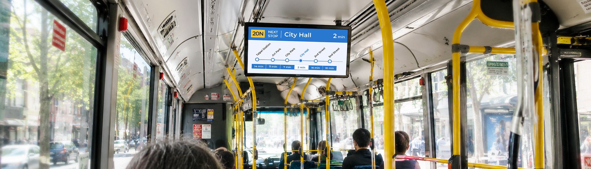 Location based digital signage on a bus showing content for the current neighbourhood