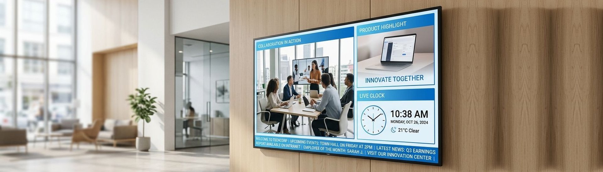 A lobby digital signage screen split into video, image, clock and ticker zones